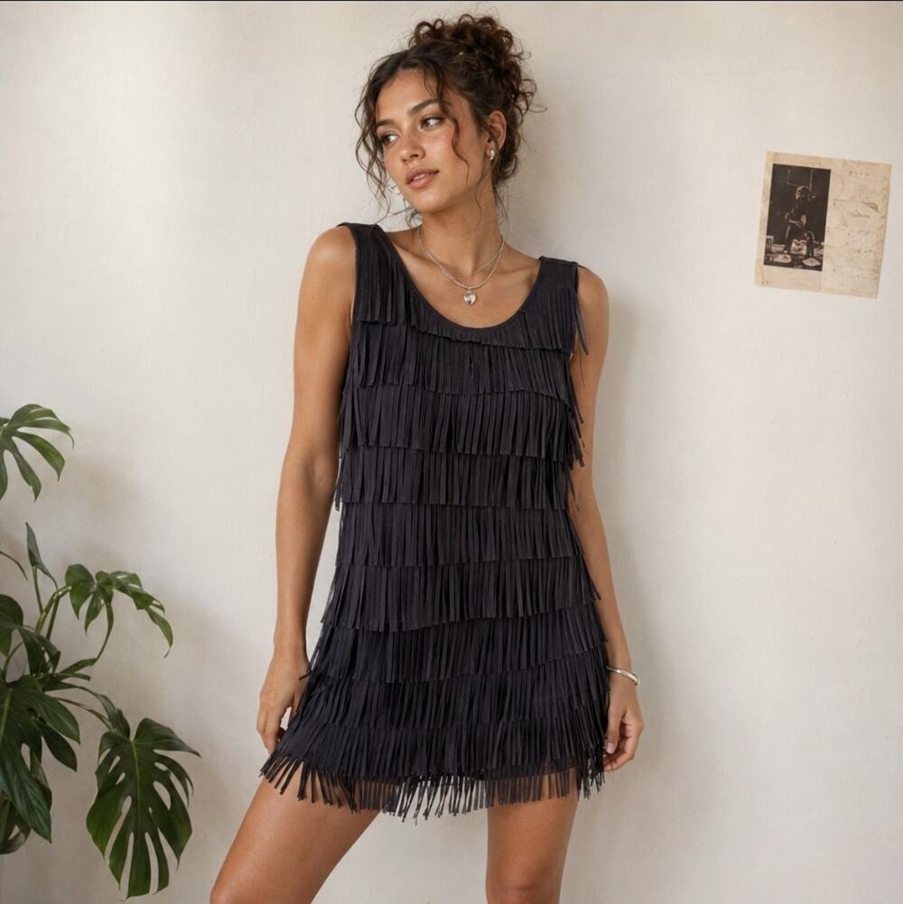 Black Faux Suede All Over Fringe Mini Dress Western Boho Festival Sz M Hipster